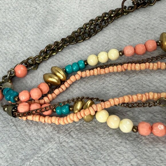 Beaded Multicolor Pendant Necklace Coral Turquoise Gold Colors Shell Accents - Picture 14 of 16